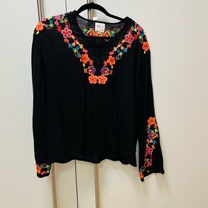 Misa Los Angeles Black Long Sleeve Butterfly Sleeve Blouse with Embroidery